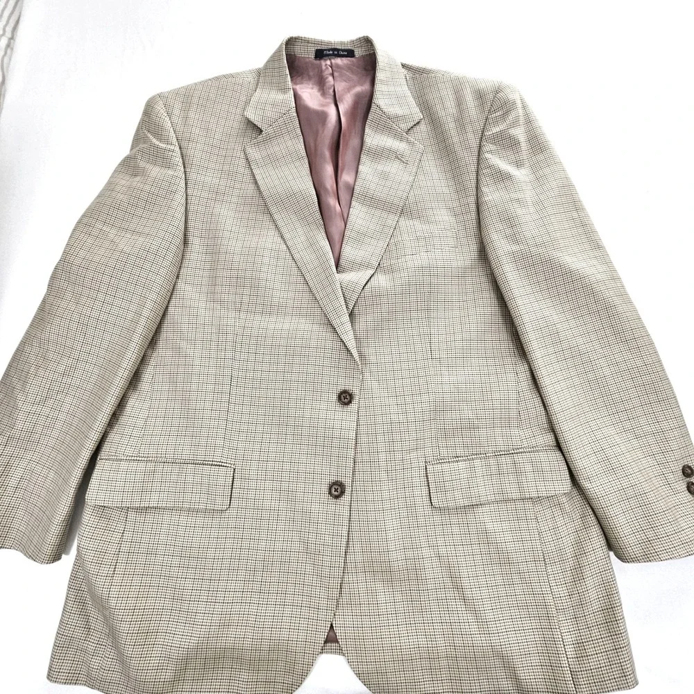 Alan Flusser Mens Silk Worsted Wool Houndstooth Sport Coat Blazer 46R Tan Brown